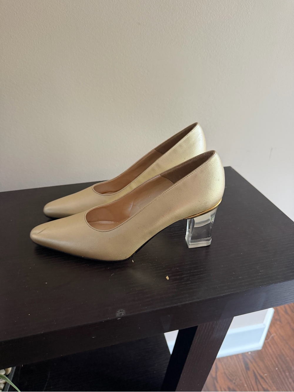 J. Renee champagne-colored pointed-toe pumps featuring clear block heels
